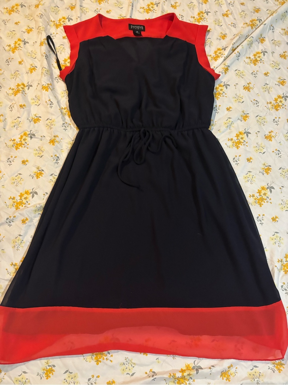 Navy and Red Sleeveless Drawstring Dress